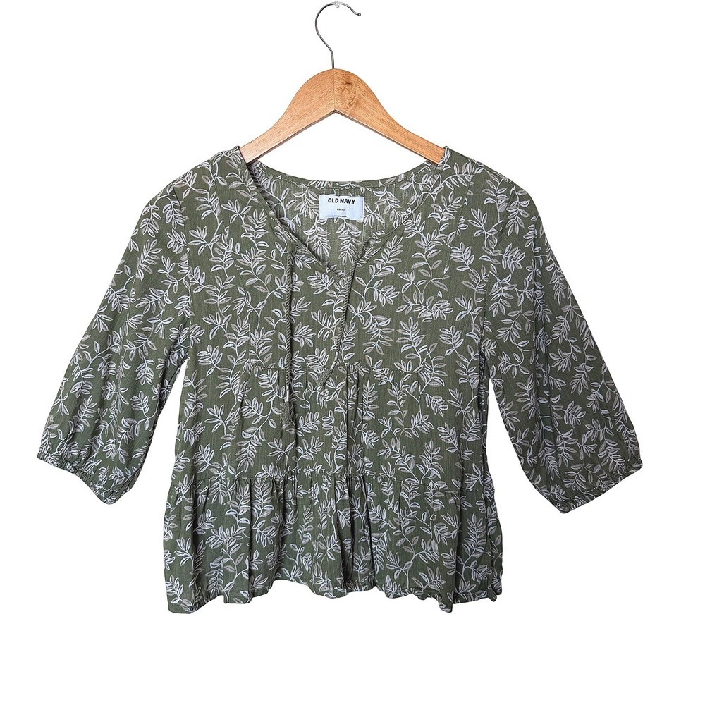 Old Navy Girls Boho Olive Green‎ Floral Leaf Tiered Blouse Tie Neck Top 10-12